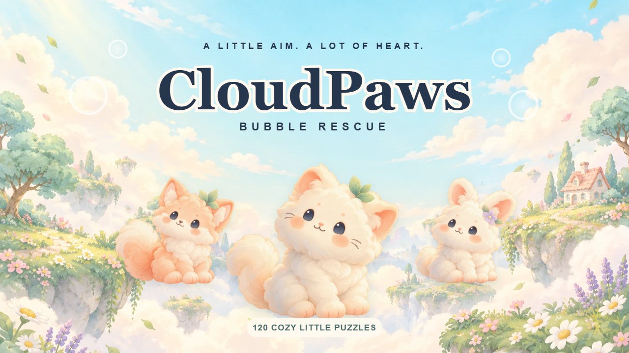 CloudPaws: three fluffy kittens among soft clouds and floating flower islands