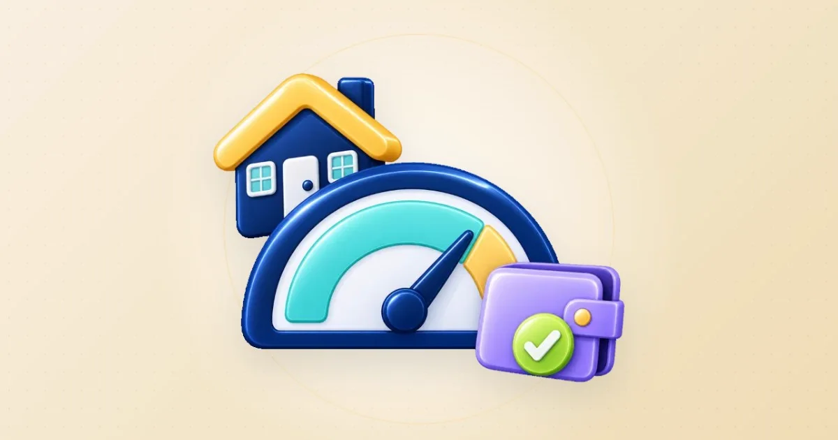 Illustration: a gauge with a needle before its gold zone, a house and a wallet with a check mark – what you can afford.