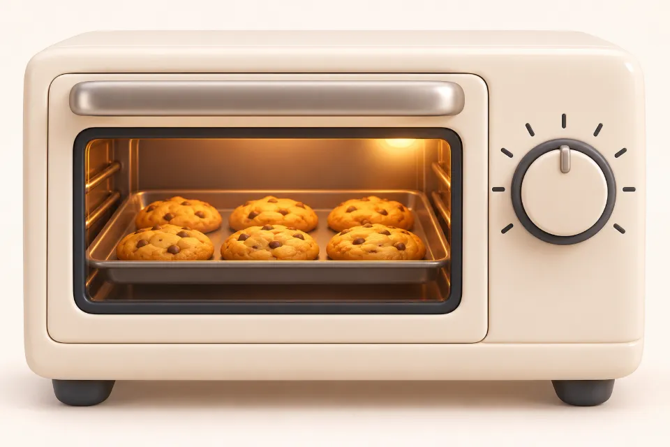 The front of a kitchen oven with a large round temperature dial showing blank tick marks, and a tray of golden cookies visible through the oven window.
