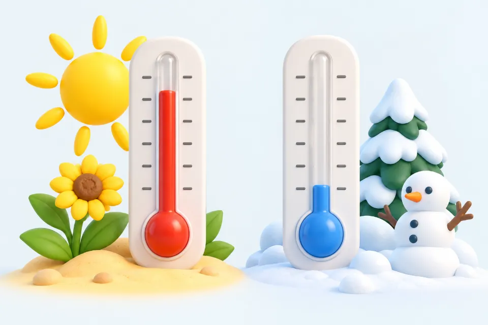 Two outdoor thermometers side by side: the left one in a sunny summer scene with a high red level, the right one in a snowy winter scene with a low blue level.