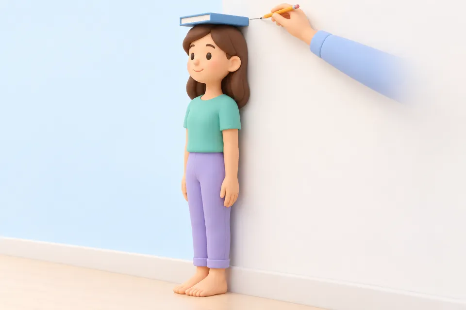 A person stands barefoot with their back flat against a light wall. A flat book rests on their head and touches the wall, and a small pencil mark sits on the wall at the lower edge of the book.