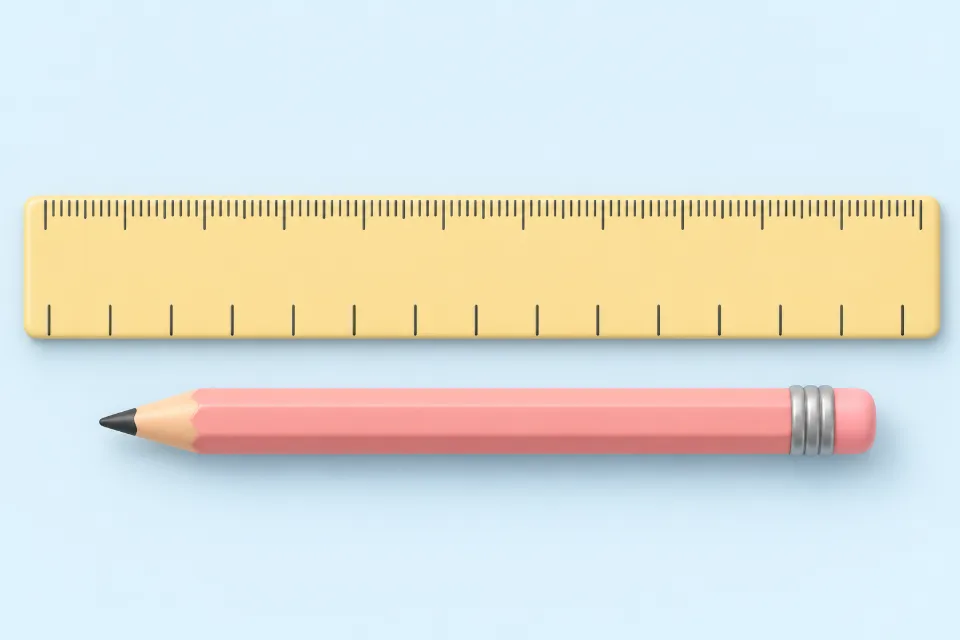 A ruler seen from above with a row of fine tick marks along one edge and a row of coarser tick marks along the other edge, and a pencil lying next to it.