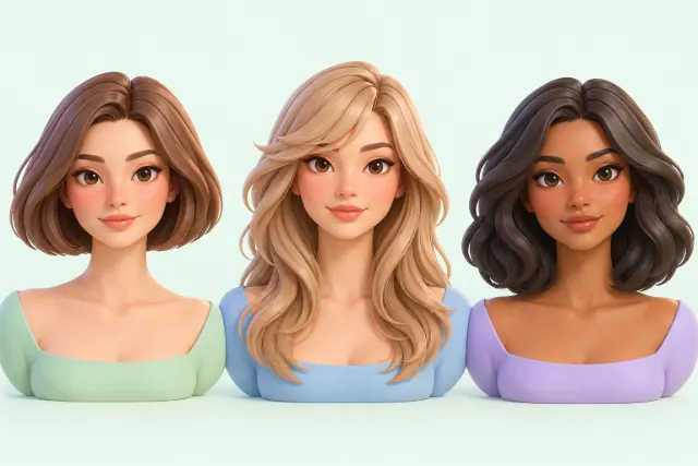 Three head-and-shoulders portraits of people with diamond faces. Left: a chin-length bob. Middle: long layered hair with side-swept bangs. Right: a shoulder-length cut that curves out with fullness around the jaw.