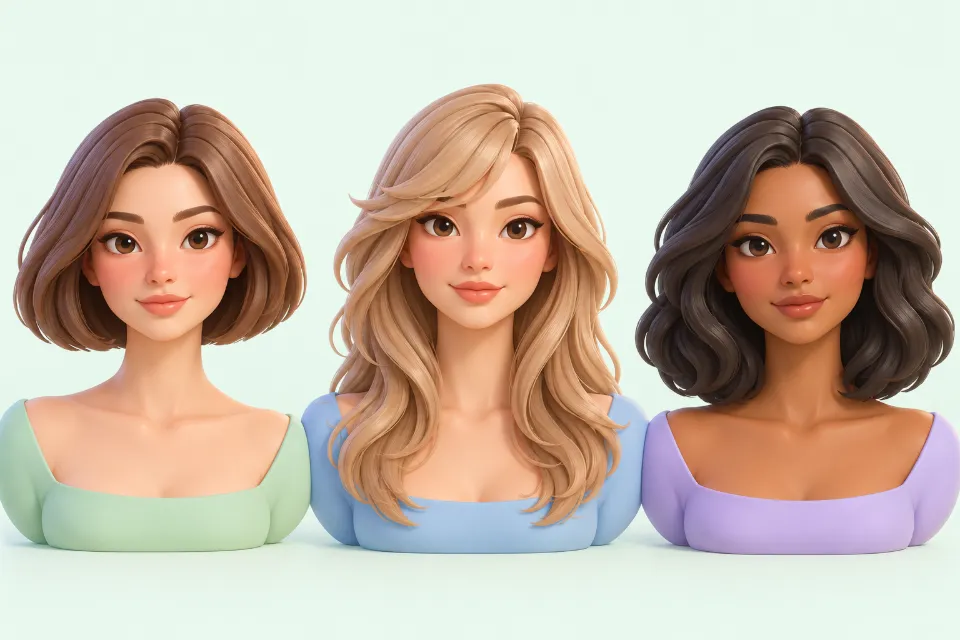 Three head-and-shoulders portraits of people with diamond faces. Left: a chin-length bob. Middle: long layered hair with side-swept bangs. Right: a shoulder-length cut that curves out with fullness around the jaw.