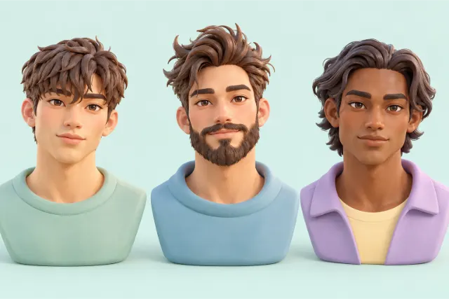 Three men with diamond faces, side by side. Left: a textured fringe brushed forward over the forehead. Middle: a messy quiff with a full beard. Right: medium-length hair swept back loosely behind the ears.