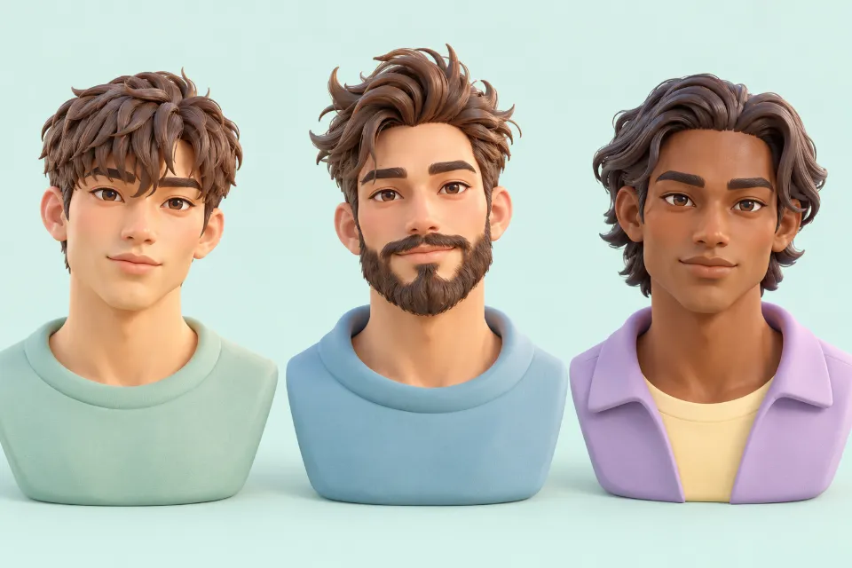 Three men with diamond faces, side by side. Left: a textured fringe brushed forward over the forehead. Middle: a messy quiff with a full beard. Right: medium-length hair swept back loosely behind the ears.