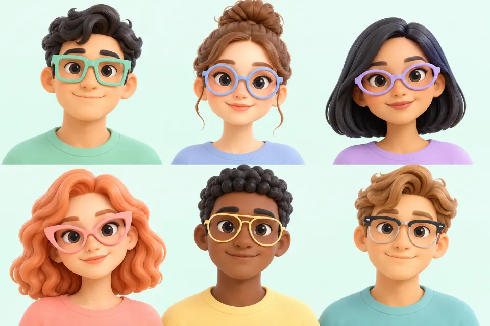 Six clay portraits in two rows, each wearing a different frame. Top row from left to right: rectangular, round and oval frames. Bottom row: cat-eye, aviator and browline frames.