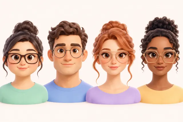 Four clay faces in a row. From left to right: a round face wearing rectangular frames, a square face wearing round frames, a heart-shaped face wearing light aviators, and an oval face wearing wide geometric frames.