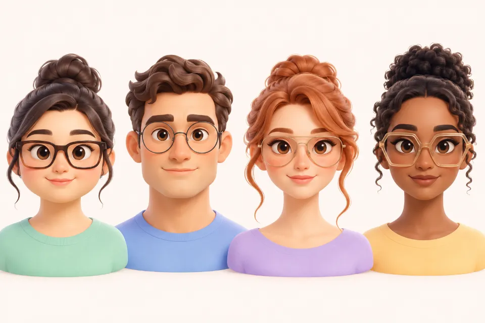 Four clay faces in a row. From left to right: a round face wearing rectangular frames, a square face wearing round frames, a heart-shaped face wearing light aviators, and an oval face wearing wide geometric frames.