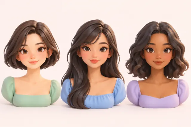 Three head-and-shoulders portraits of people with heart-shaped faces. Left: a chin-length bob. Middle: long hair with side-swept bangs. Right: a long bob with waves that start at the jaw.