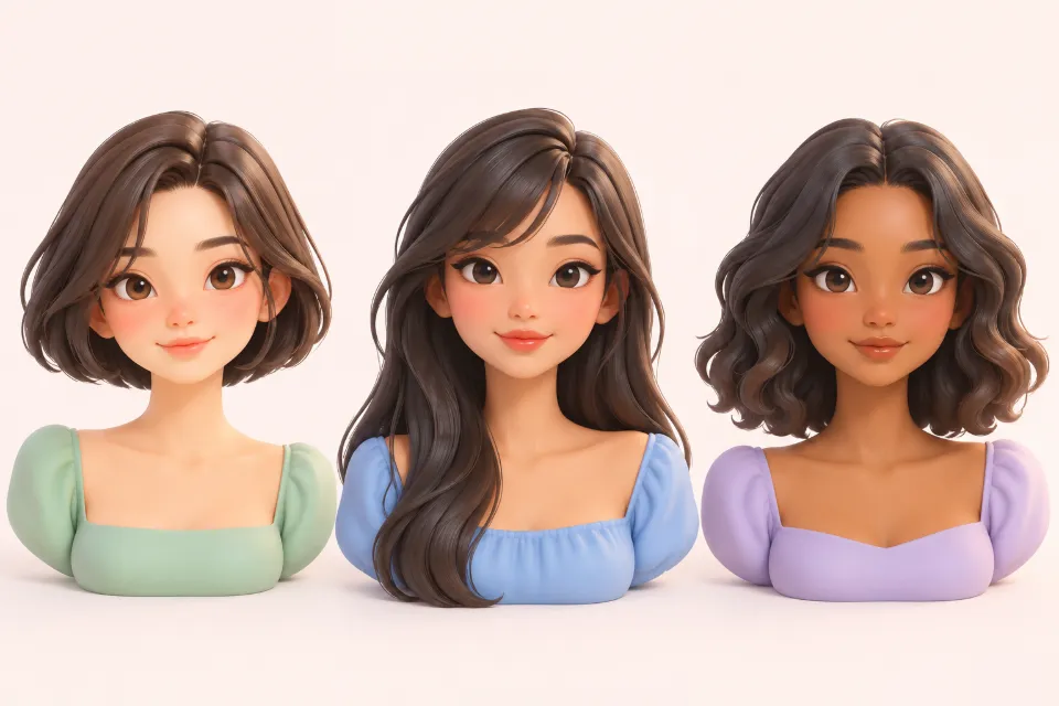 Three head-and-shoulders portraits of people with heart-shaped faces. Left: a chin-length bob. Middle: long hair with side-swept bangs. Right: a long bob with waves that start at the jaw.