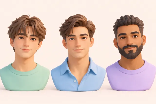 Three men with heart-shaped faces, side by side. Left: a medium-length fringe falling forward over the forehead. Middle: a side part with medium length on top. Right: short hair with a full beard.