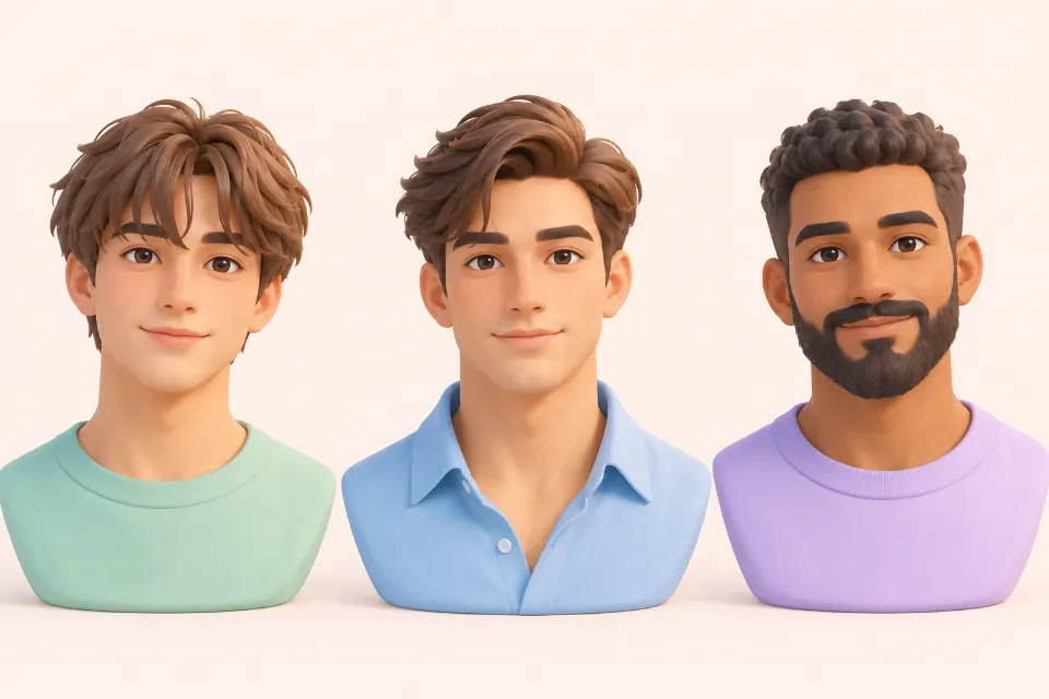 Three men with heart-shaped faces, side by side. Left: a medium-length fringe falling forward over the forehead. Middle: a side part with medium length on top. Right: short hair with a full beard.