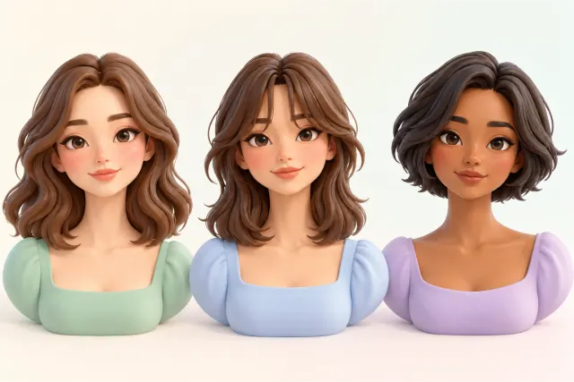 Three head-and-shoulders portraits of people with long faces. Left: shoulder-length hair with soft waves. Middle: medium-length hair with curtain bangs. Right: a layered bob at chin length.