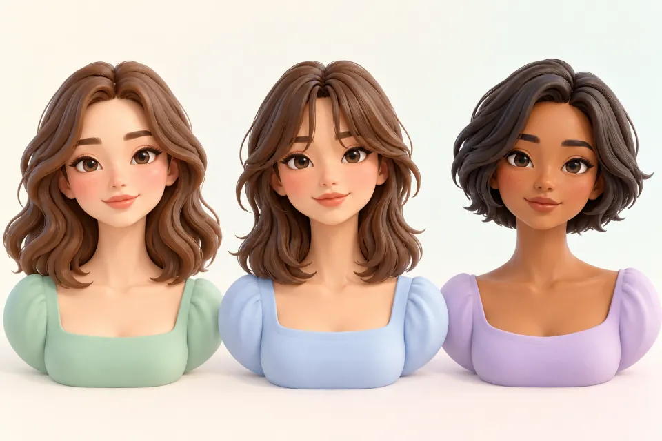 Three head-and-shoulders portraits of people with long faces. Left: shoulder-length hair with soft waves. Middle: medium-length hair with curtain bangs. Right: a layered bob at chin length.