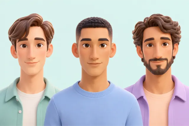 Three men with long faces, side by side. Left: a side part with the front falling partly over the forehead as a fringe. Middle: a short crew cut that lies flat on top. Right: medium-length hair with fuller sides and a short beard.