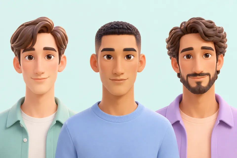Three men with long faces, side by side. Left: a side part with the front falling partly over the forehead as a fringe. Middle: a short crew cut that lies flat on top. Right: medium-length hair with fuller sides and a short beard.