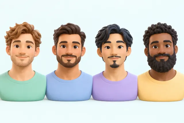 Four men’s faces in a row. From left to right: light stubble, a short boxed beard, a goatee and a full beard.