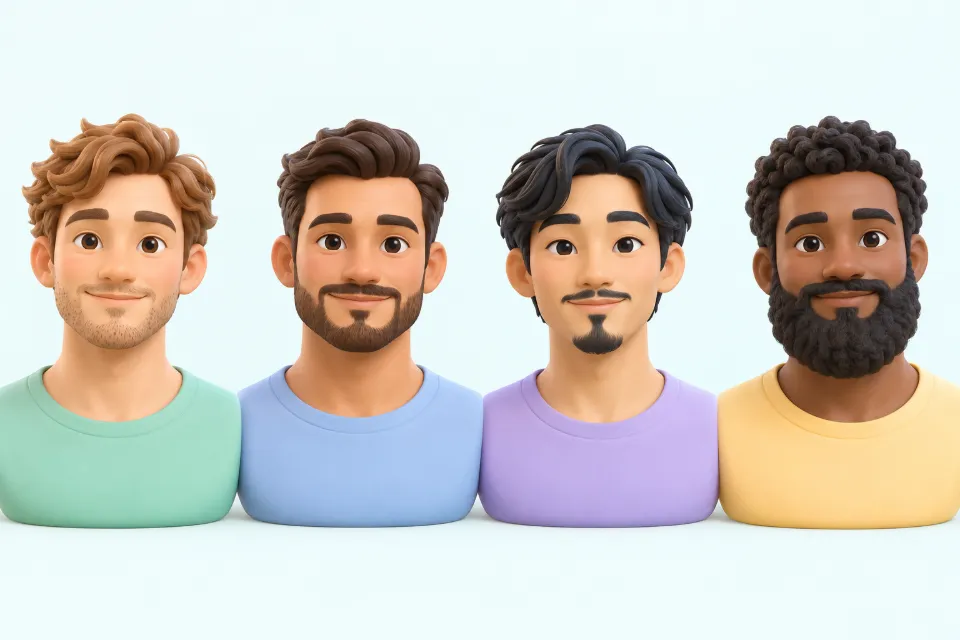 Four men’s faces in a row. From left to right: light stubble, a short boxed beard, a goatee and a full beard.