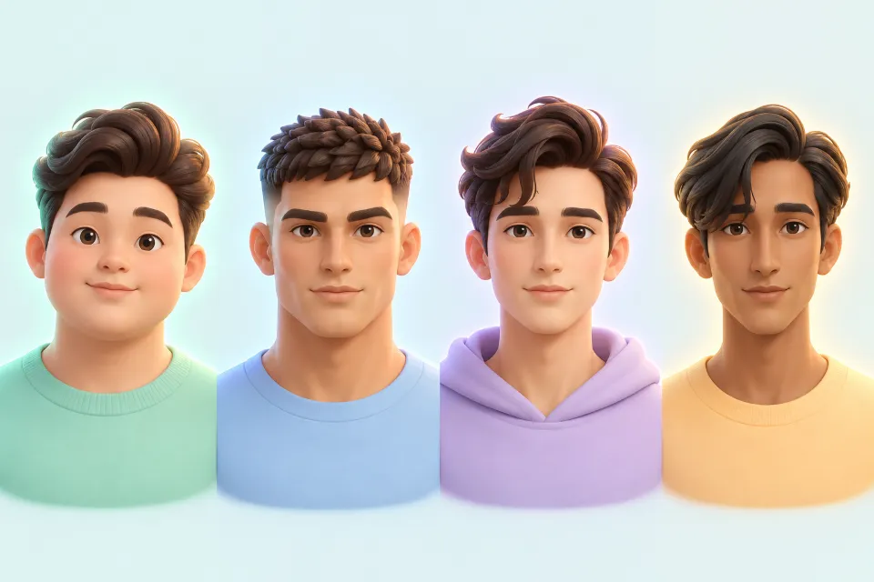 Four men in a row, each with a glowing face outline. From left to right: a round face with a pompadour, a square face with a textured crop, an oval face with a quiff, and a long face with a side part and fringe.