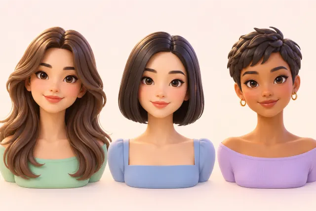 Three busts with oval faces. From left to right: long layered hair falling past the shoulders, a sleek chin-length bob, and a short pixie cut.