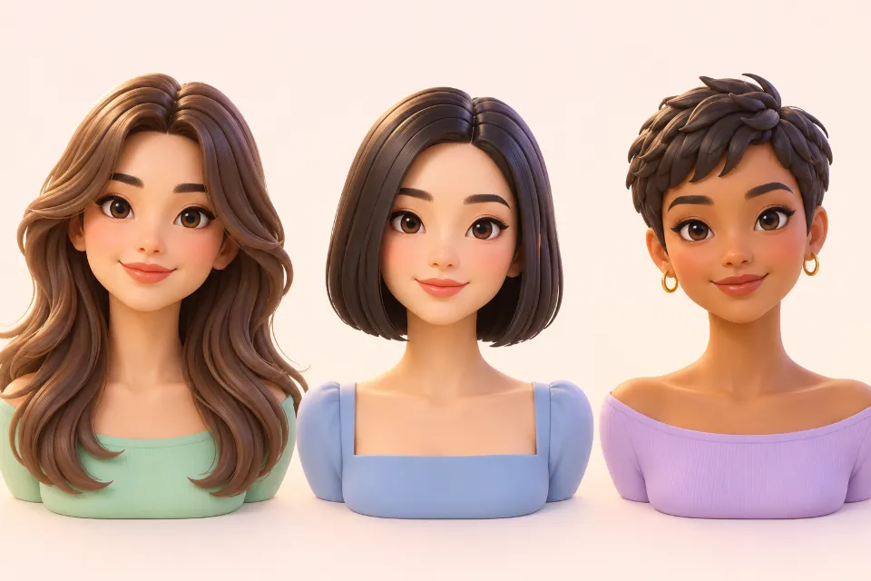 Three busts with oval faces. From left to right: long layered hair falling past the shoulders, a sleek chin-length bob, and a short pixie cut.