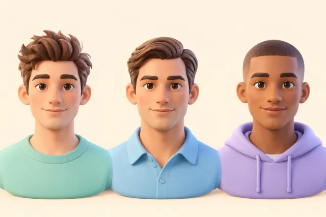 Three men with oval faces. From left to right: a textured quiff, a classic side part with short sides, and a buzz cut.
