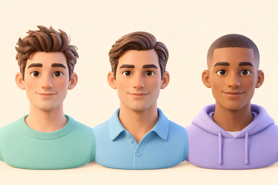 Three men with oval faces. From left to right: a textured quiff, a classic side part with short sides, and a buzz cut.