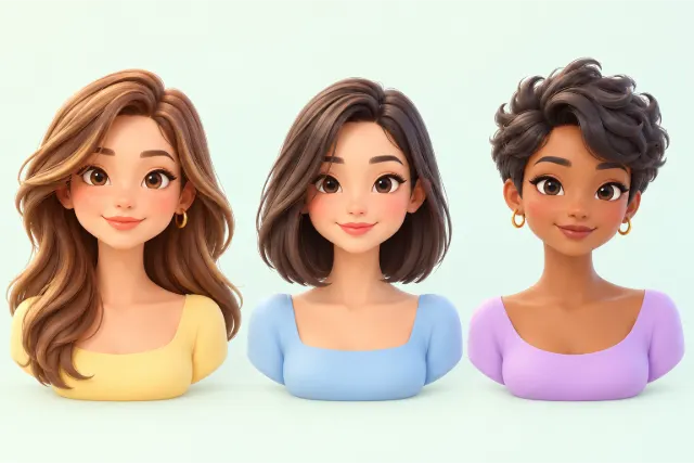 Three head-and-shoulders portraits of people with round faces. Left: long layered hair with a deep side part, falling past the shoulders. Middle: a long bob that ends below the chin. Right: a short pixie cut with lifted volume on top.