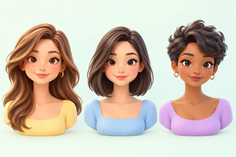 Three head-and-shoulders portraits of people with round faces. Left: long layered hair with a deep side part, falling past the shoulders. Middle: a long bob that ends below the chin. Right: a short pixie cut with lifted volume on top.