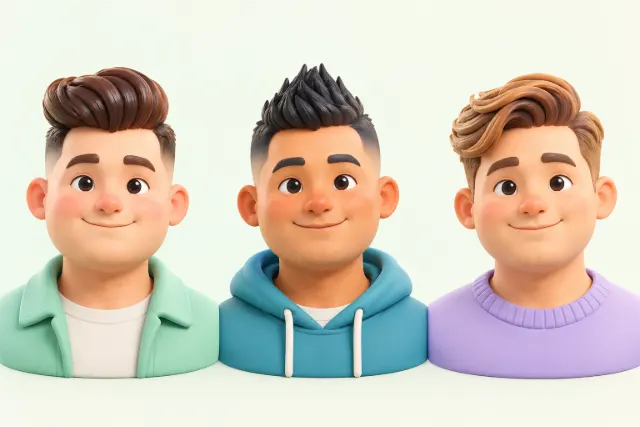 Three men with round faces, side by side. Left: a pompadour, the top swept up and back over short sides. Middle: a faux hawk, a strip of lifted hair down the center with short sides. Right: a side part with extra height at the front.