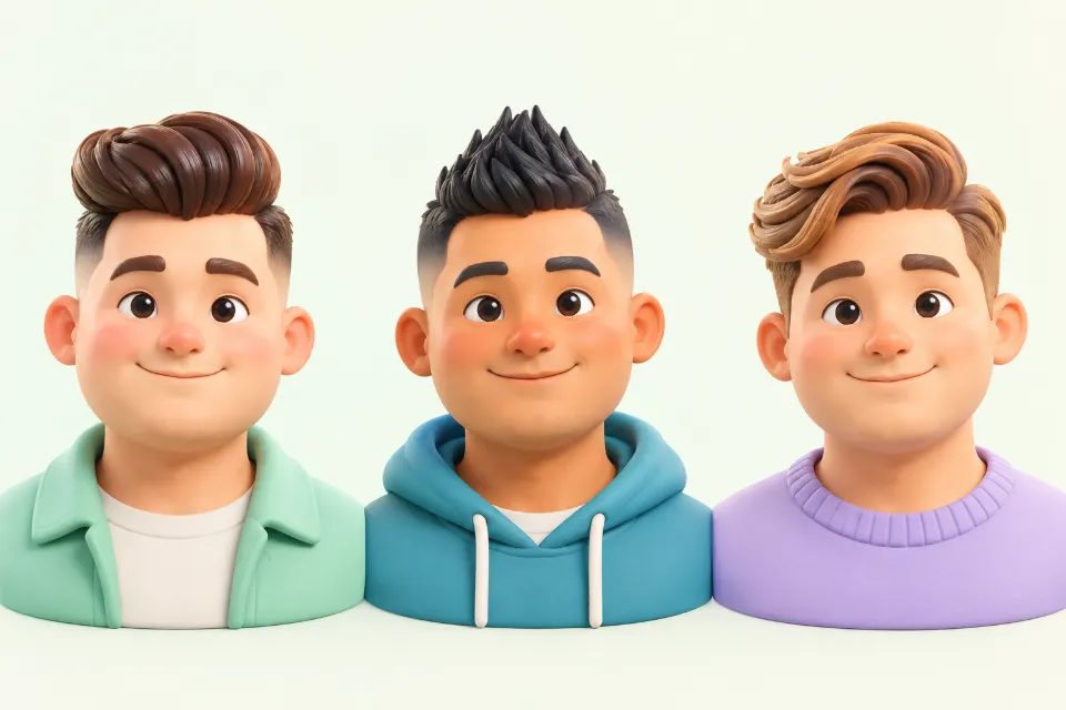 Three men with round faces, side by side. Left: a pompadour, the top swept up and back over short sides. Middle: a faux hawk, a strip of lifted hair down the center with short sides. Right: a side part with extra height at the front.