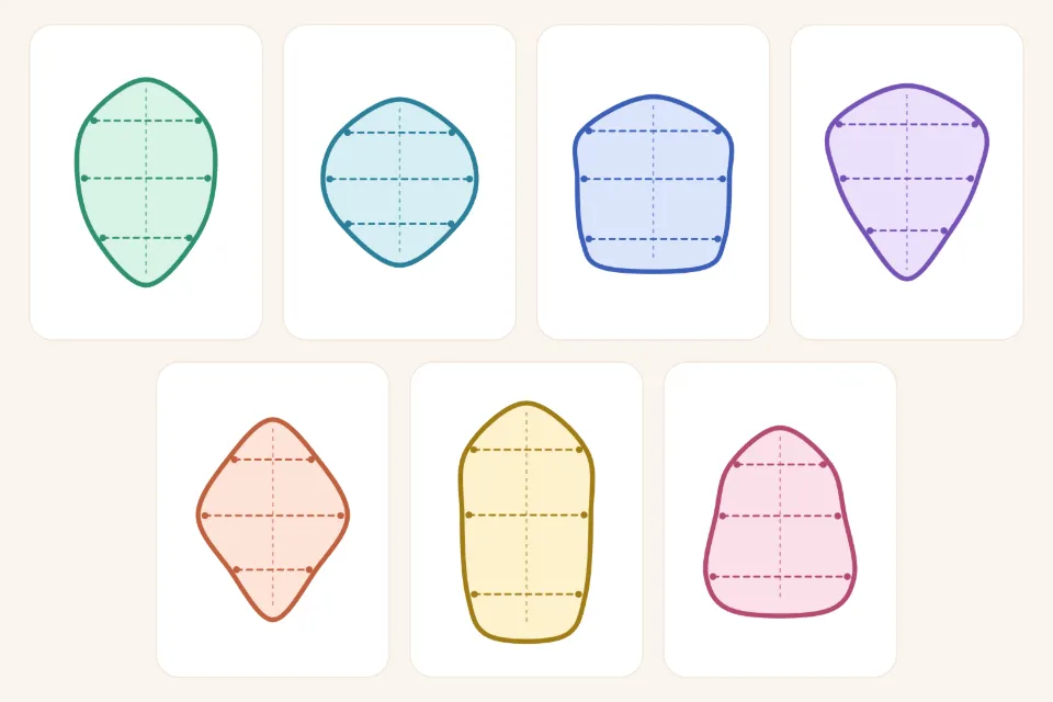 Seven face outlines on white cards, each with three dashed width lines at the forehead, the cheekbones and the jaw and a dotted line for the length. Top row from left to right: oval, round, square, heart. Bottom row: diamond, oblong, triangle.