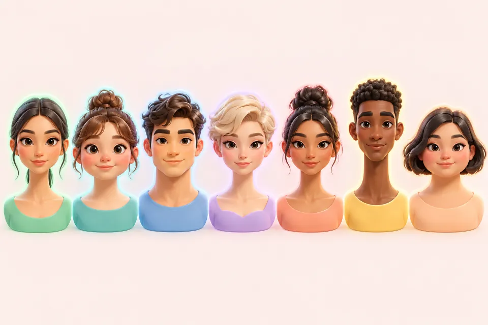 Seven clay busts of women and men in a row, each with a softly glowing outline around the face. From left to right: an oval face, a round face, a square face, a heart-shaped face, a diamond face, a long face and a triangle face.