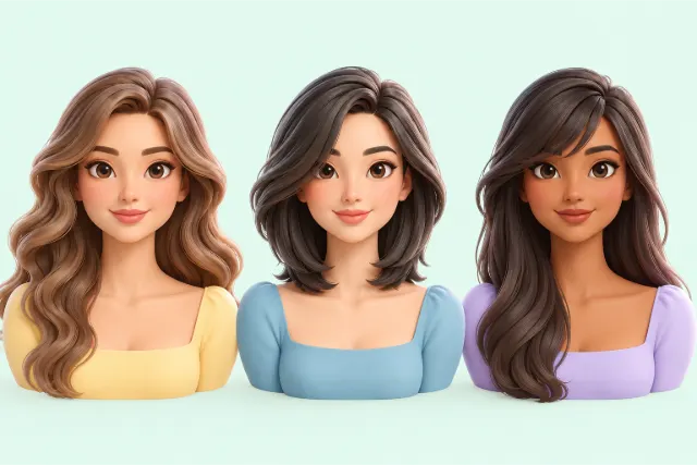 Three head-and-shoulders portraits of people with square faces. Left: soft waves falling past the shoulders. Middle: a layered long bob with a side part, ending between chin and shoulders. Right: long hair with side-swept bangs across the forehead.