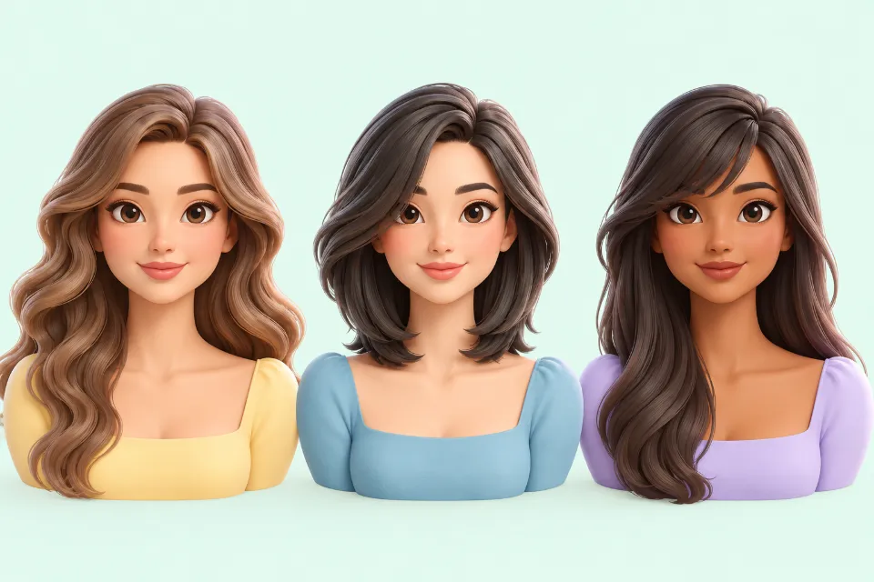 Three head-and-shoulders portraits of people with square faces. Left: soft waves falling past the shoulders. Middle: a layered long bob with a side part, ending between chin and shoulders. Right: long hair with side-swept bangs across the forehead.