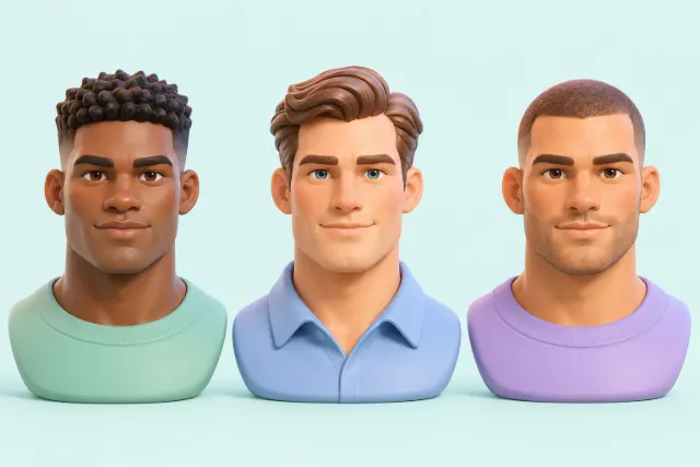 Three men with square faces, side by side. Left: a textured crop with a short, choppy fringe. Middle: a classic side part with tapered sides. Right: a buzz cut with light stubble along the jaw.