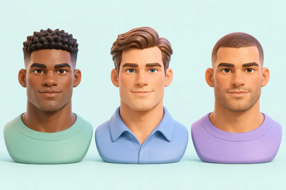 Three men with square faces, side by side. Left: a textured crop with a short, choppy fringe. Middle: a classic side part with tapered sides. Right: a buzz cut with light stubble along the jaw.