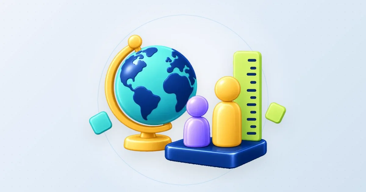 Illustration: a globe beside two figures of different height on a ruler – average height around the world.