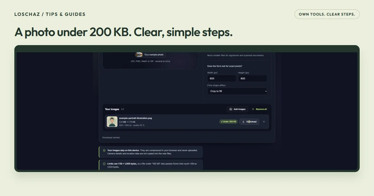 Actual Image Compressor workspace showing the generated example illustration saved as a 600 by 800 pixel JPG below 200 KB.