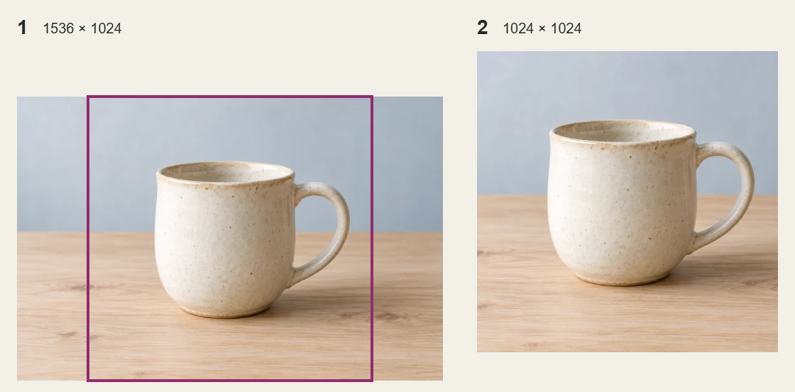 Panel 1: a landscape mug image with a marked square crop. Panel 2: the actual square JPG export, including the complete handle and base.