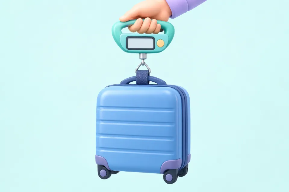 A hand-held luggage scale lifting a packed suitcase by its handle, with the scale display left blank.
