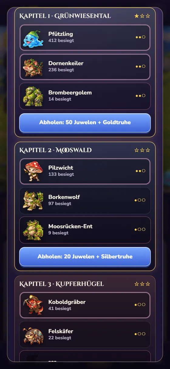 Ein Kapitel des Lumivale-Monster-Buchs auf dem Handy: drei Monsterseiten mit Siegen und Marken und ein Knopf für die Kapitel-Belohnung.
