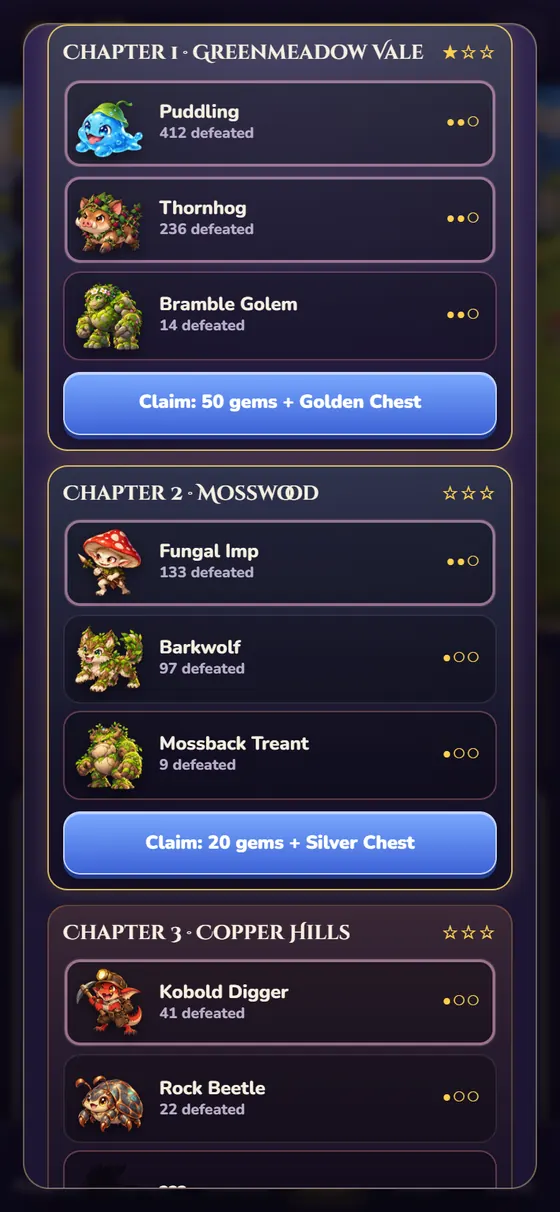 A chapter of the Lumivale monster book on a phone: three monster pages with defeat counts and marks, and a button to claim the chapter reward.