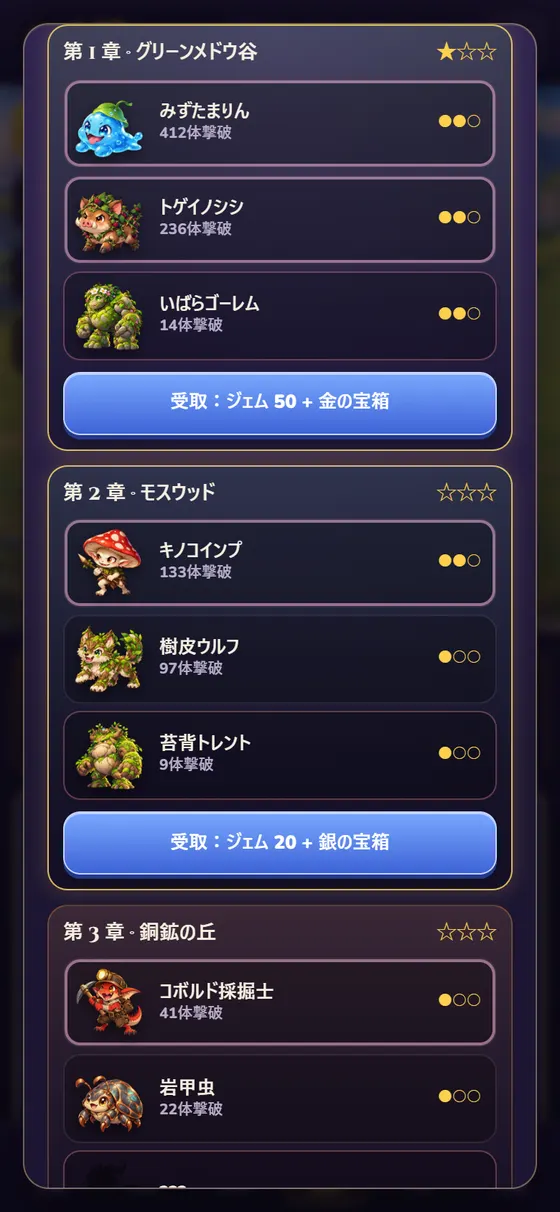 スマホで表示したLumivaleの魔物図鑑の章:撃破数と印のついた3つのページと、章の報酬を受け取るボタン。