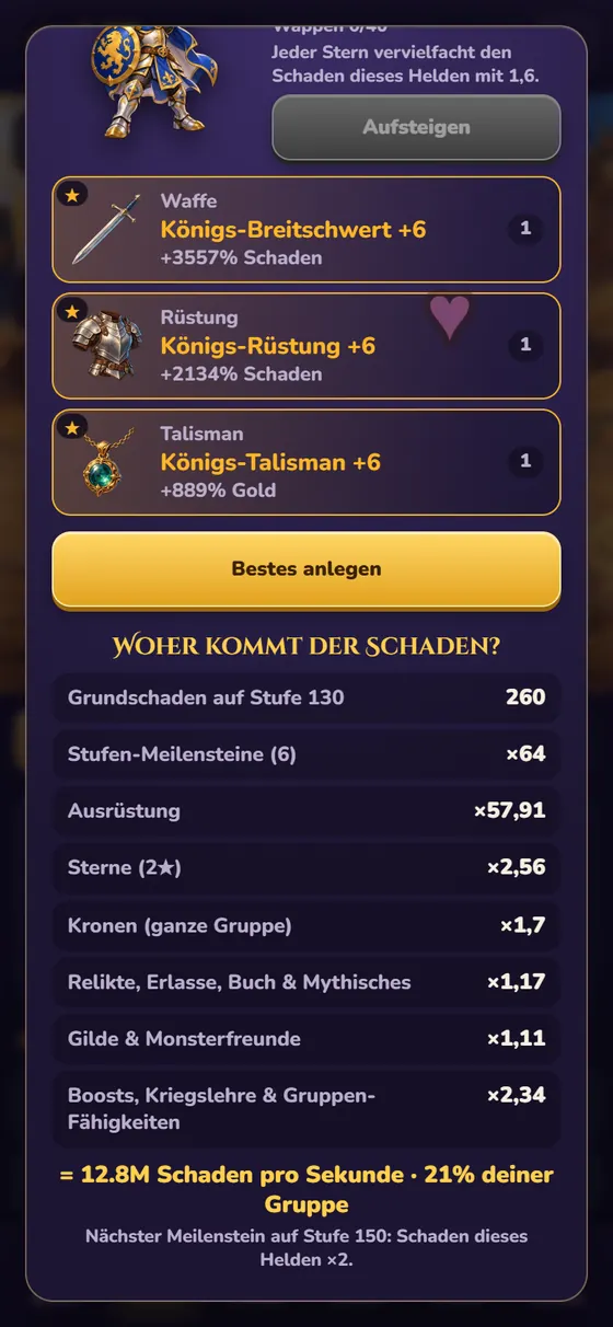 Das Heldenfenster in Lumivale mit der Liste „Woher kommt der Schaden?“: Grundschaden, Meilensteine, Ausrüstung, Sterne, Kronen und Boosts als einzelne Faktoren.