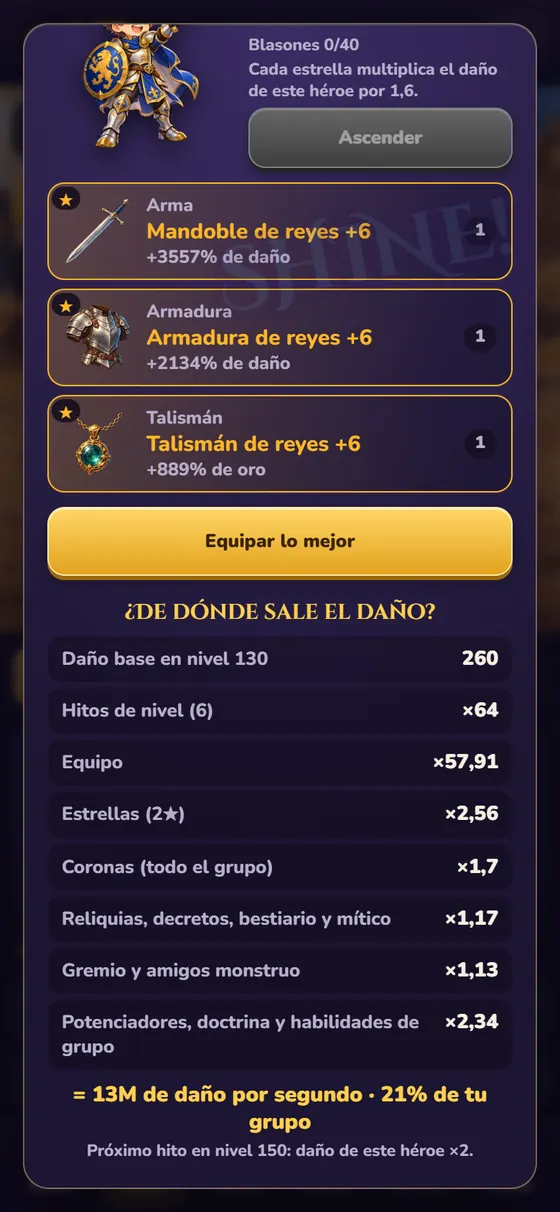 La ventana de héroe de Lumivale con la lista «¿De dónde sale el daño?»: daño base, hitos, equipo, estrellas, coronas y potenciadores, cada uno en su línea.