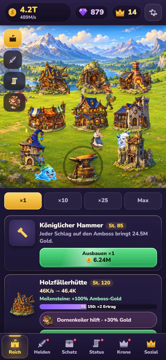 Das Lumivale-Königreich auf dem Handy: acht Gebäude rund um den königlichen Amboss, oben der Goldzähler, unten die Gebäudeliste.