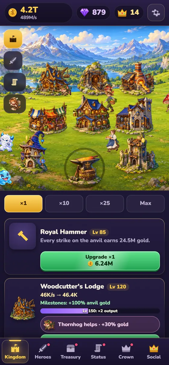 The Lumivale kingdom on a phone: eight buildings around the royal anvil, the gold counter at the top and the building list below.