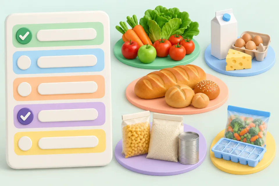On the left, a shopping list card with five coloured sections, two of them ticked. On the right, five groups of groceries on mats in the same colours: fresh produce, milk with eggs and cheese, bread and rolls, pasta with rice and a can, and frozen vegetables with an ice cube tray.